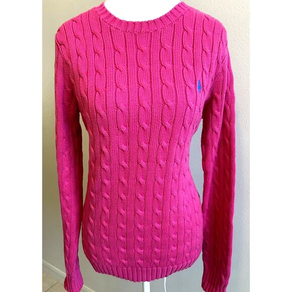 VTG Ralph Lauren Women’s Cable Knit Sweater Pink Preppy Retro Barbie Pony Logo M - Picture 4 of 10